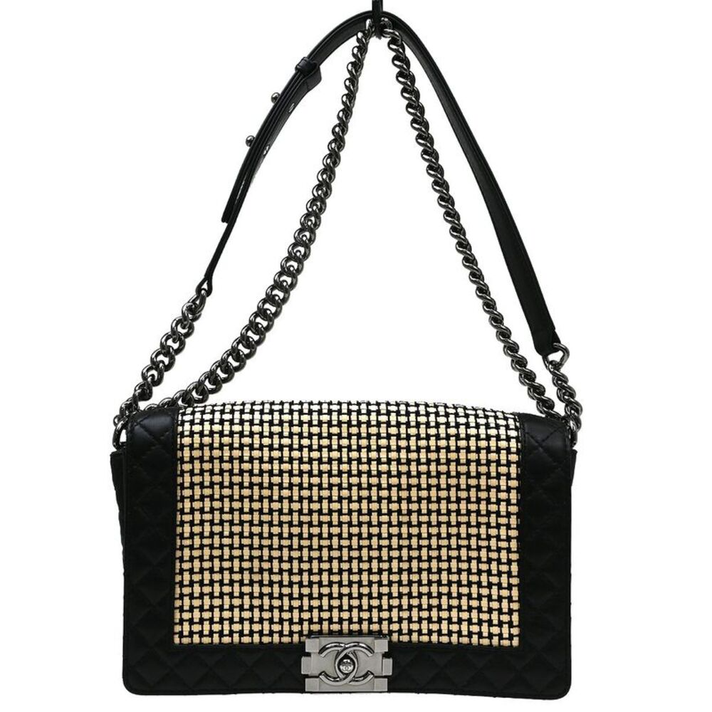 Chanel Reverso Boy Flap Woven Calfskin Black Leather Shoulder Bag Bag